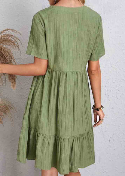 Chic Army Green V Neck Patchwork Cotton Day Dress Summer