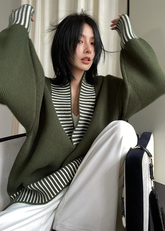 Chic Army Green V Neck Striped Patchwork Knit Sweater Spring