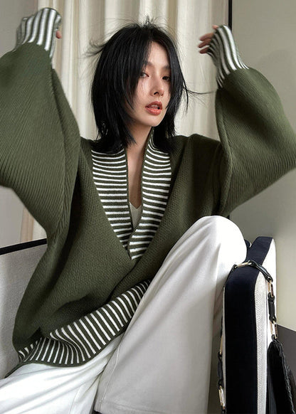Chic Army Green V Neck Striped Patchwork Knit Sweater Spring