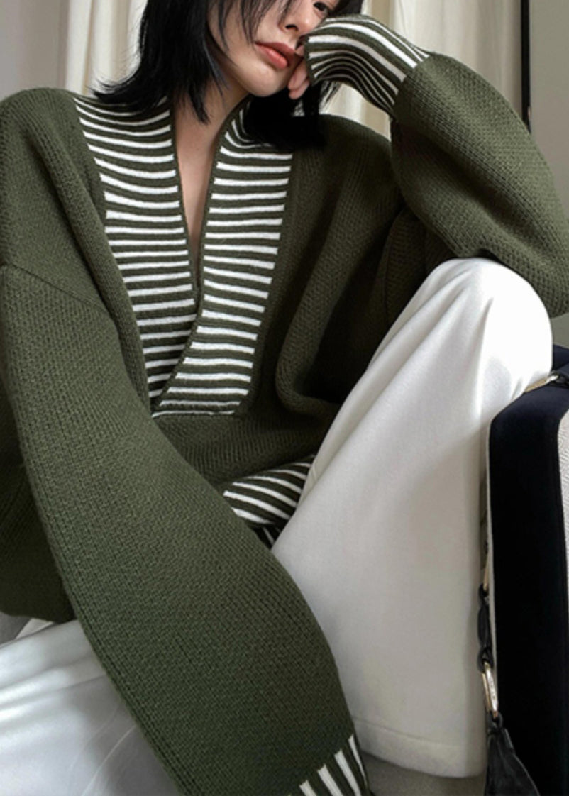 Chic Army Green V Neck Striped Patchwork Knit Sweater Spring