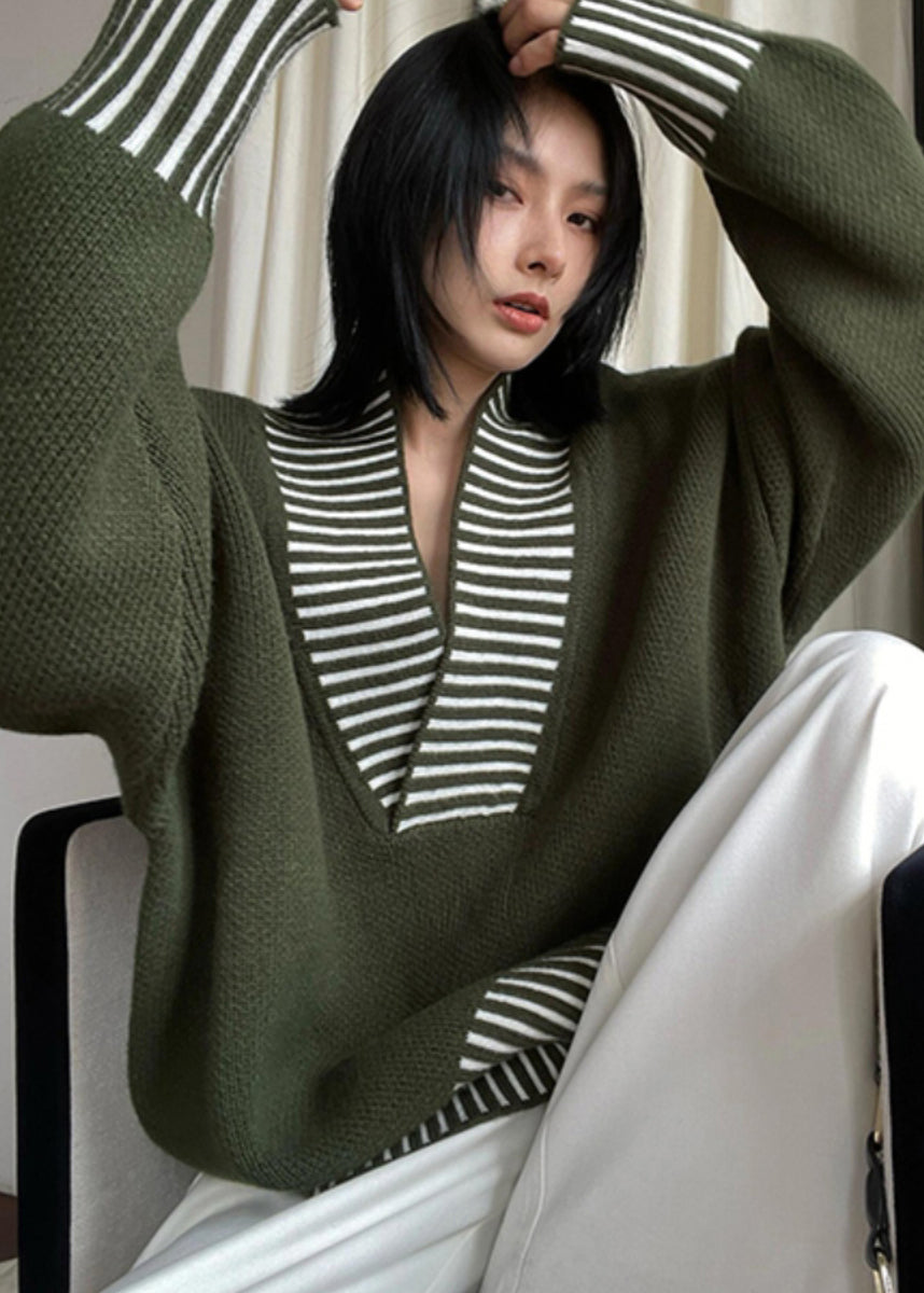 Chic Army Green V Neck Striped Patchwork Knit Sweater Spring