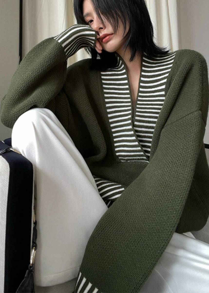 Chic Army Green V Neck Striped Patchwork Knit Sweater Spring