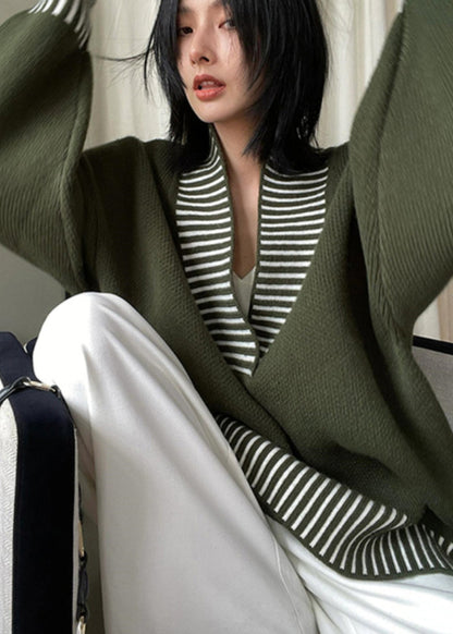 Chic Army Green V Neck Striped Patchwork Knit Sweater Spring