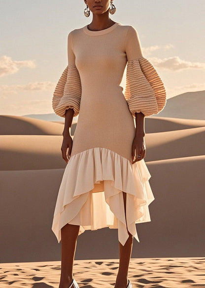 Chic Asymmetrical Wrinkled Patchwork Knit Dress Spring