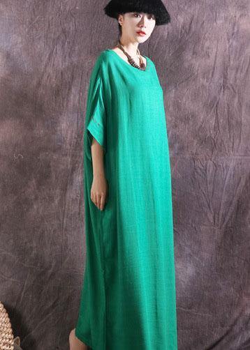 Chic Batwing Sleeve cotton linen dress Tutorials green o neck Dress summer - SooLinen