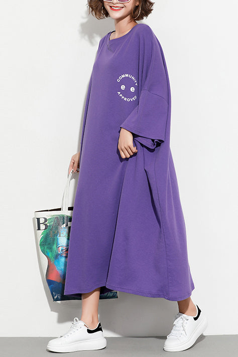 Chic Batwing Sleeve cotton tunic dress2025 Work Outfits purple print Maxi Dresses Summer