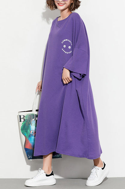 Chic Batwing Sleeve cotton tunic dress2025 Work Outfits purple print Maxi Dresses Summer