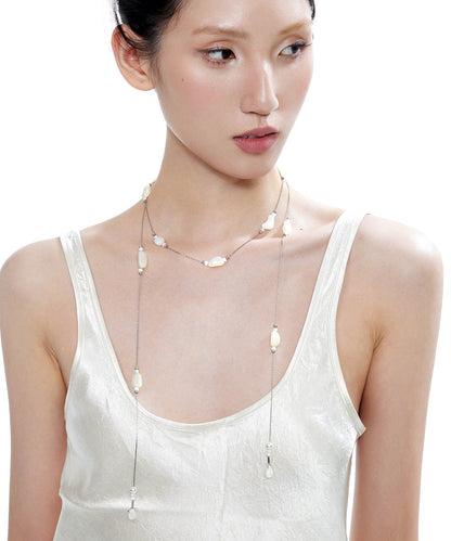 Chic Beige Asymmetric Pearl Double Chain Alloy Necklace