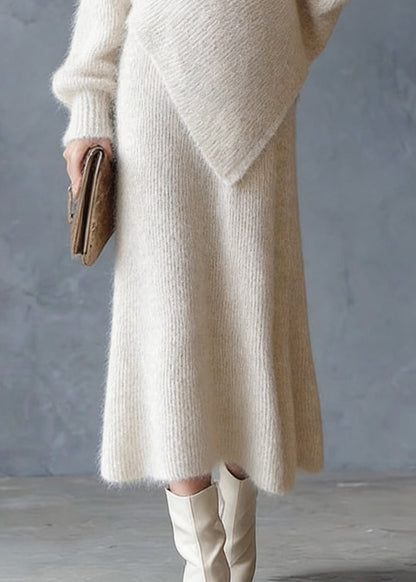 Chic Beige Asymmetrical Floral Cotton Knit Sweaters And Maxi Skirts Two Pieces Set Spring