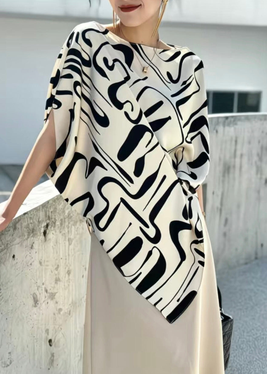 Chic Beige Asymmetrical Print Cotton Blouse Tops Summer