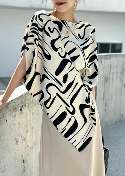 Chic Beige Asymmetrical Print Cotton Blouse Tops Summer