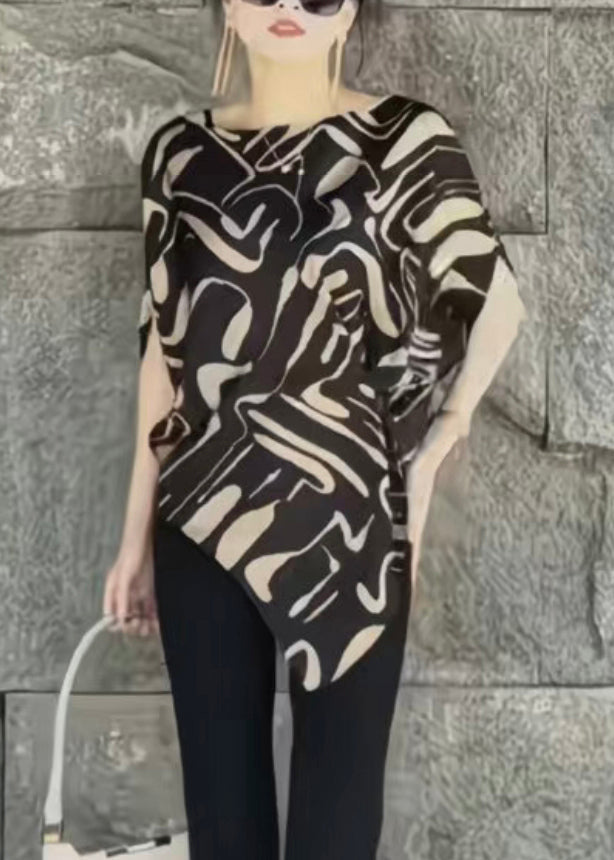 Chic Beige Asymmetrical Print Cotton Blouse Tops Summer