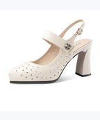 Chic Beige Chunky Heel Cowhide Leather Hollow Out Sandals