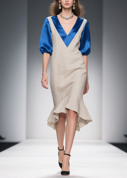 Chic Beige Double-V Neck Patchwork Linen Silk Long Dresses Summer