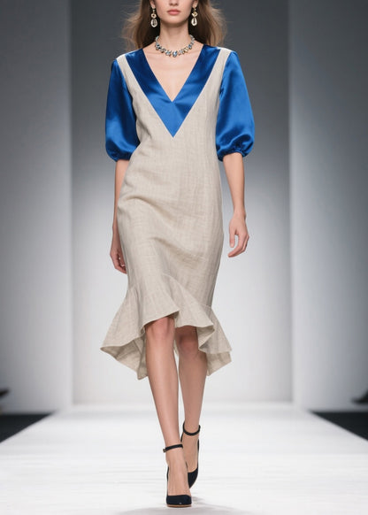 Chic Beige Double-V Neck Patchwork Linen Silk Long Dresses Summer