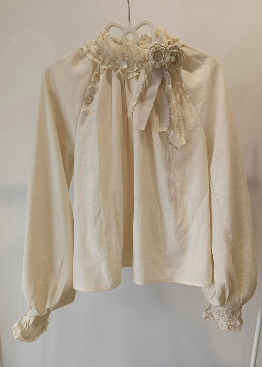 Chic Beige Floral Decorated Patchwork Lace Shirt Top Spring