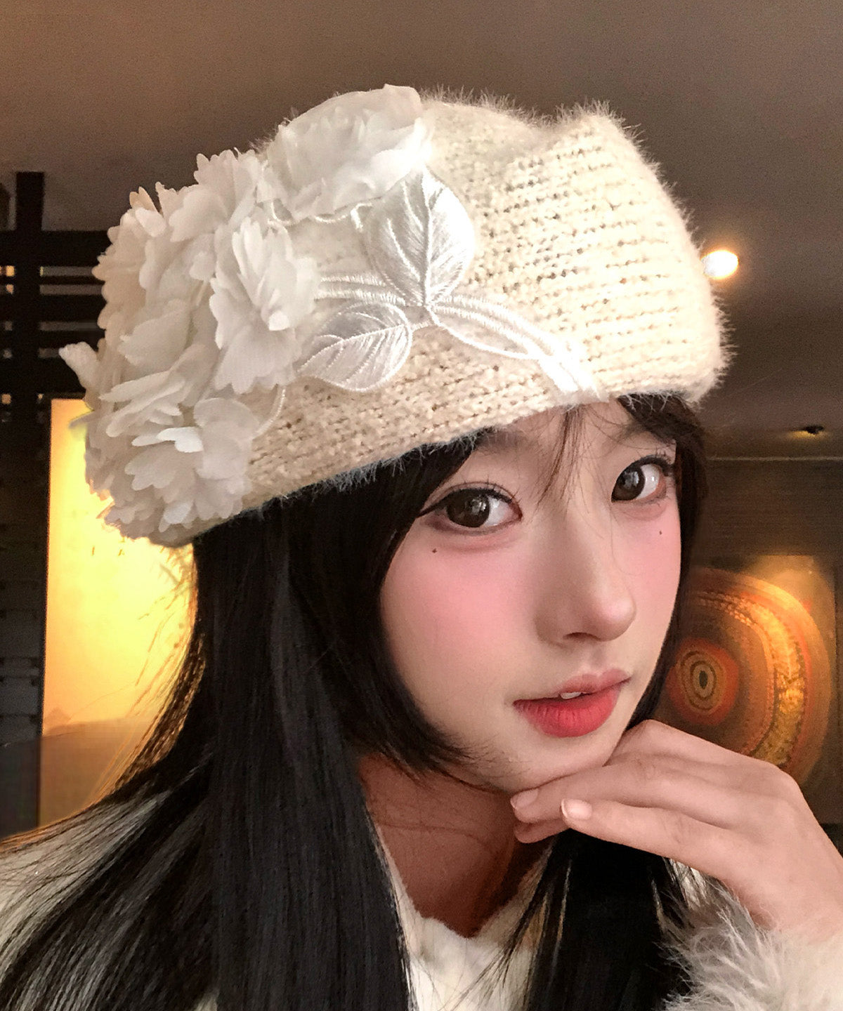 Chic Beige Floral Embroideried Knit Beret Hat