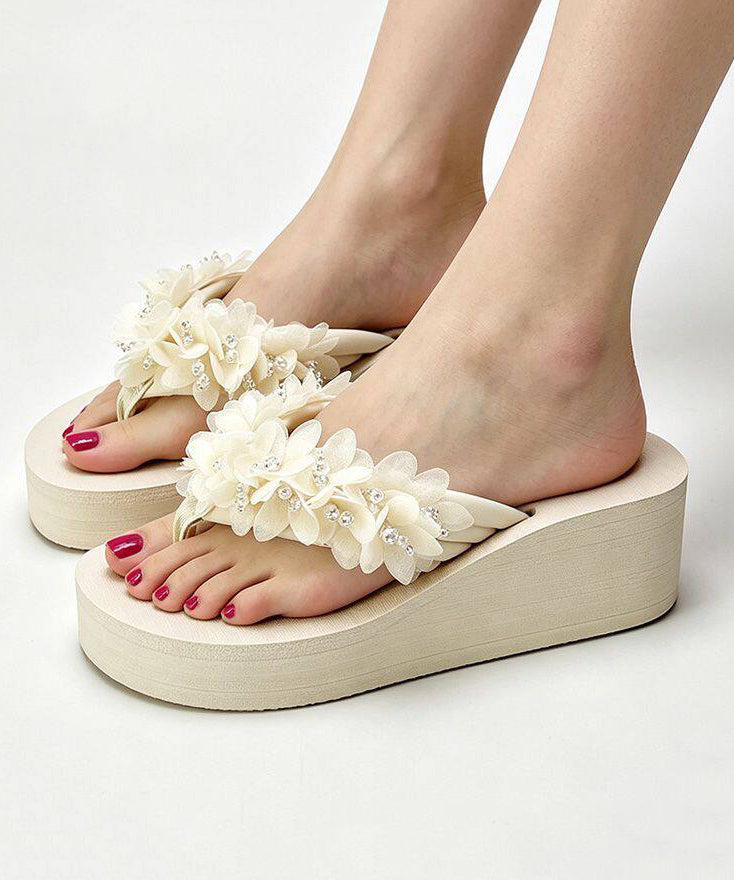 Chic Beige Floral Flip Flops Splicing Wedge