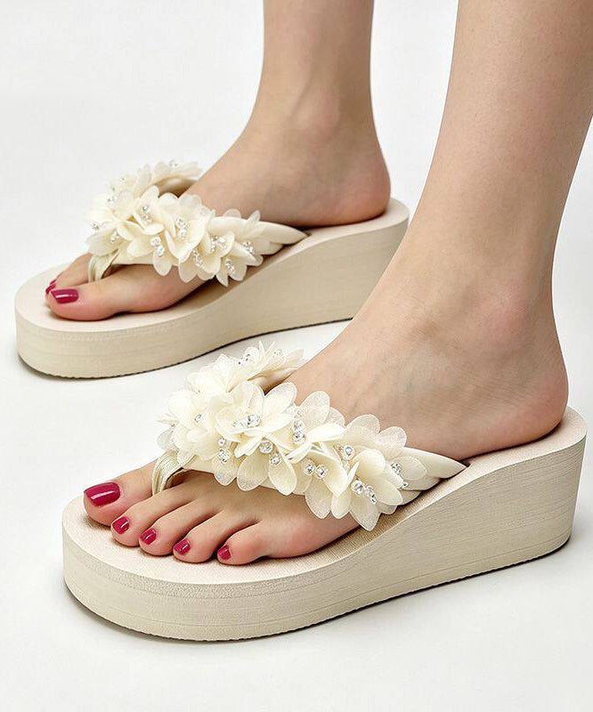 Chic Beige Floral Flip Flops Splicing Wedge