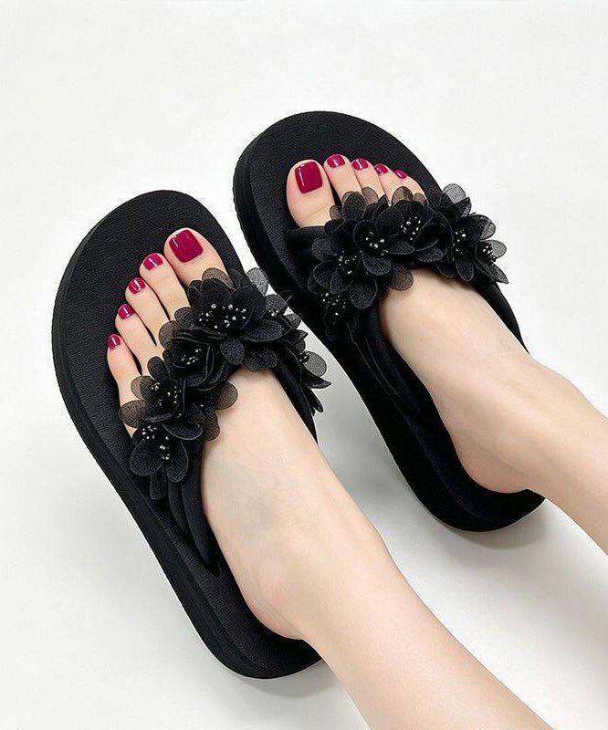 Chic Beige Floral Flip Flops Splicing Wedge
