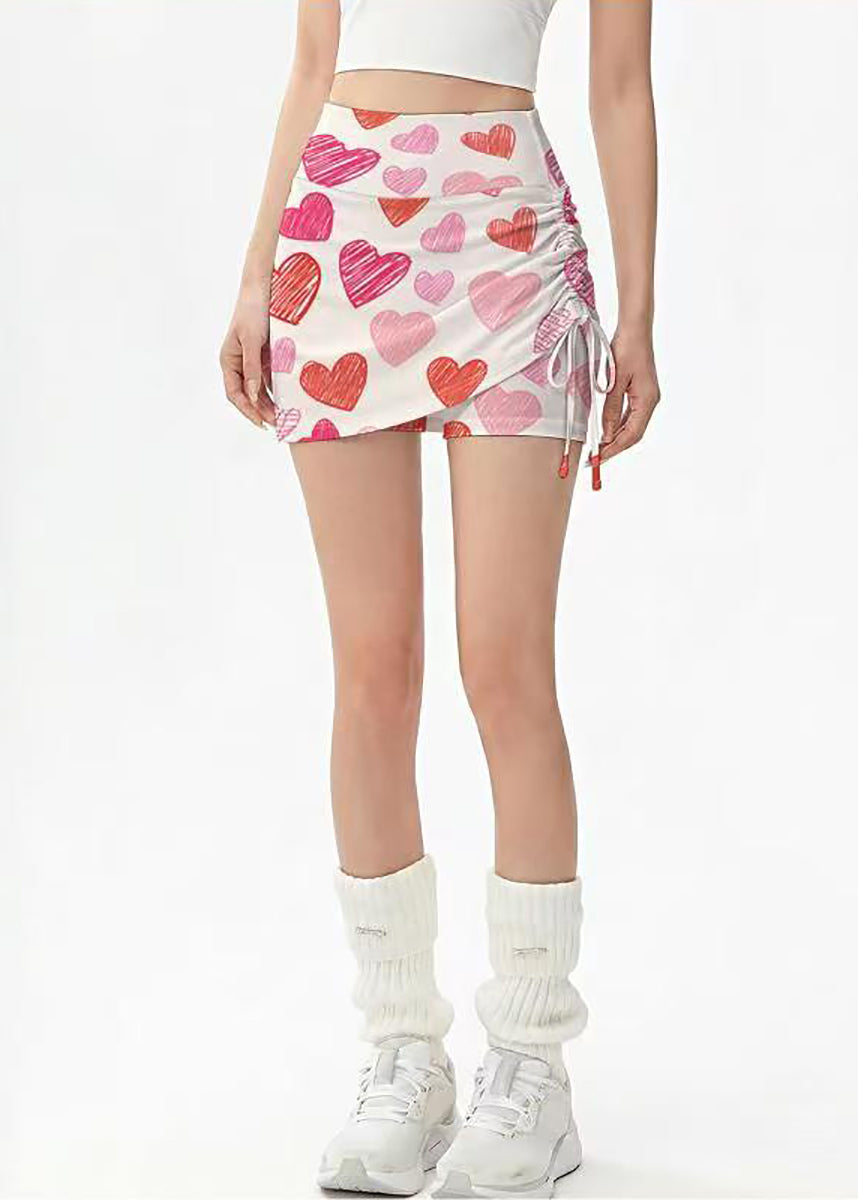 Chic Beige Heart Print High Waist Drawstring Fake Two Piece Built-In Shorts Workout Gym Skort