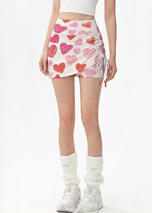 Chic Beige Heart Print High Waist Drawstring Fake Two Piece Built-In Shorts Workout Gym Skort