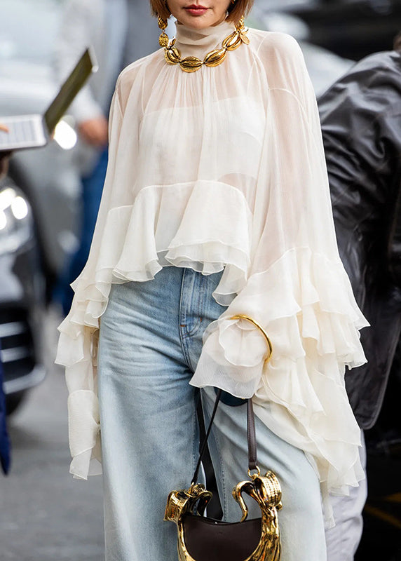 Chic Beige Hign Neck Ruffled Patchwork Chiffon Tops Flare Sleeve