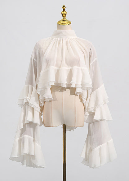Chic Beige Hign Neck Ruffled Patchwork Chiffon Tops Flare Sleeve