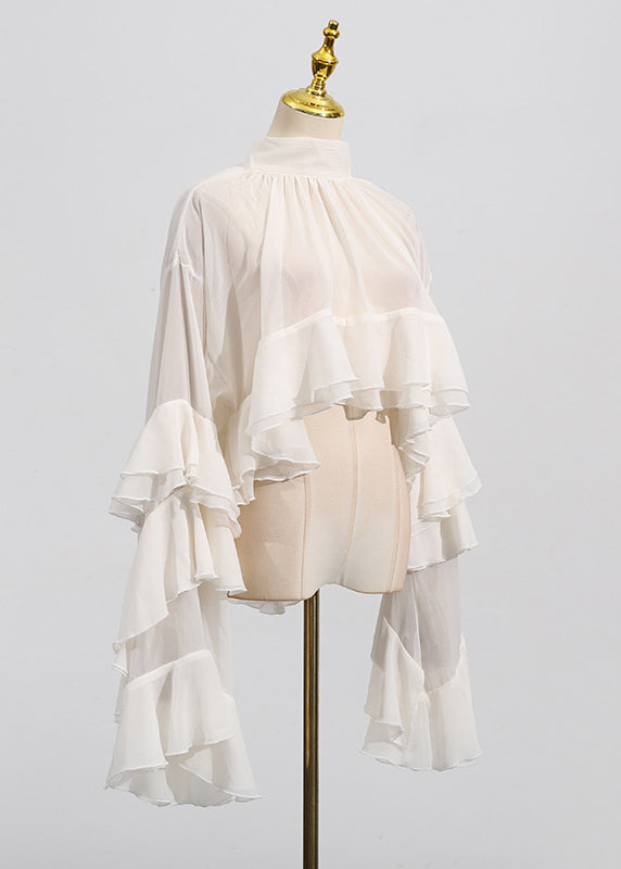Chic Beige Hign Neck Ruffled Patchwork Chiffon Tops Flare Sleeve