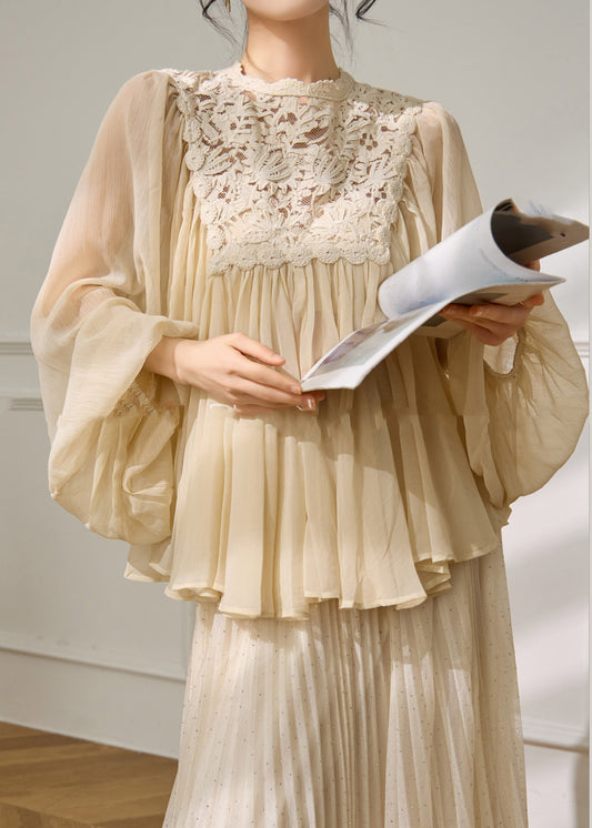 Chic Beige Lace Patchwork Top And A Line Skirts Two Pieces Set Spring