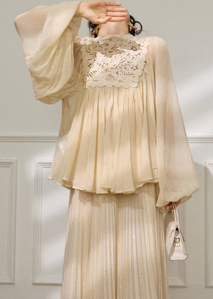Chic Beige Lace Patchwork Top And A Line Skirts Two Pieces Set Spring