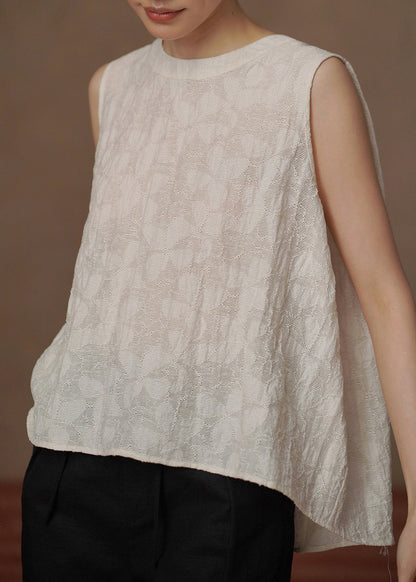 Chic Beige O-Neck Jacquard Tank Tops Sleeveless
