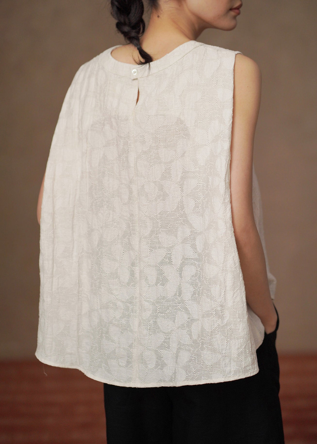 Chic Beige O-Neck Jacquard Tank Tops Sleeveless