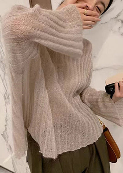 Chic Beige O Neck Knit Sweaters Flare Sleeve