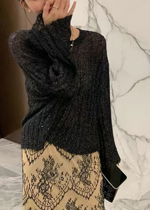 Chic Beige O Neck Knit Sweaters Flare Sleeve