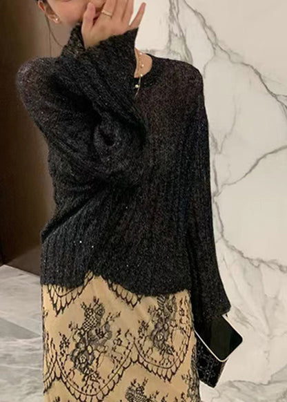 Chic Beige O Neck Knit Sweaters Flare Sleeve