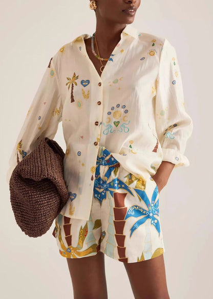 Chic Beige Oversized Print Cotton Two Pieces Set Summer