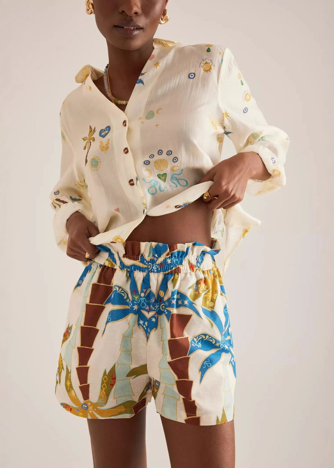 Chic Beige Oversized Print Cotton Two Pieces Set Summer