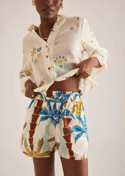 Chic Beige Oversized Print Cotton Two Pieces Set Summer