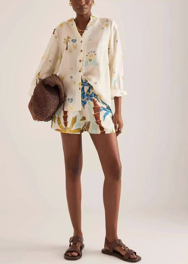 Chic Beige Oversized Print Cotton Two Pieces Set Summer