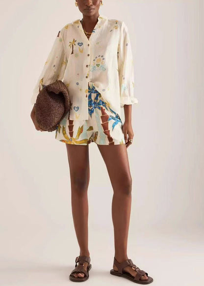 Chic Beige Oversized Print Cotton Two Pieces Set Summer