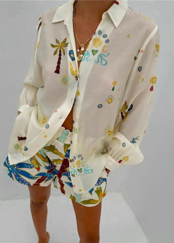 Chic Beige Oversized Print Cotton Two Pieces Set Summer