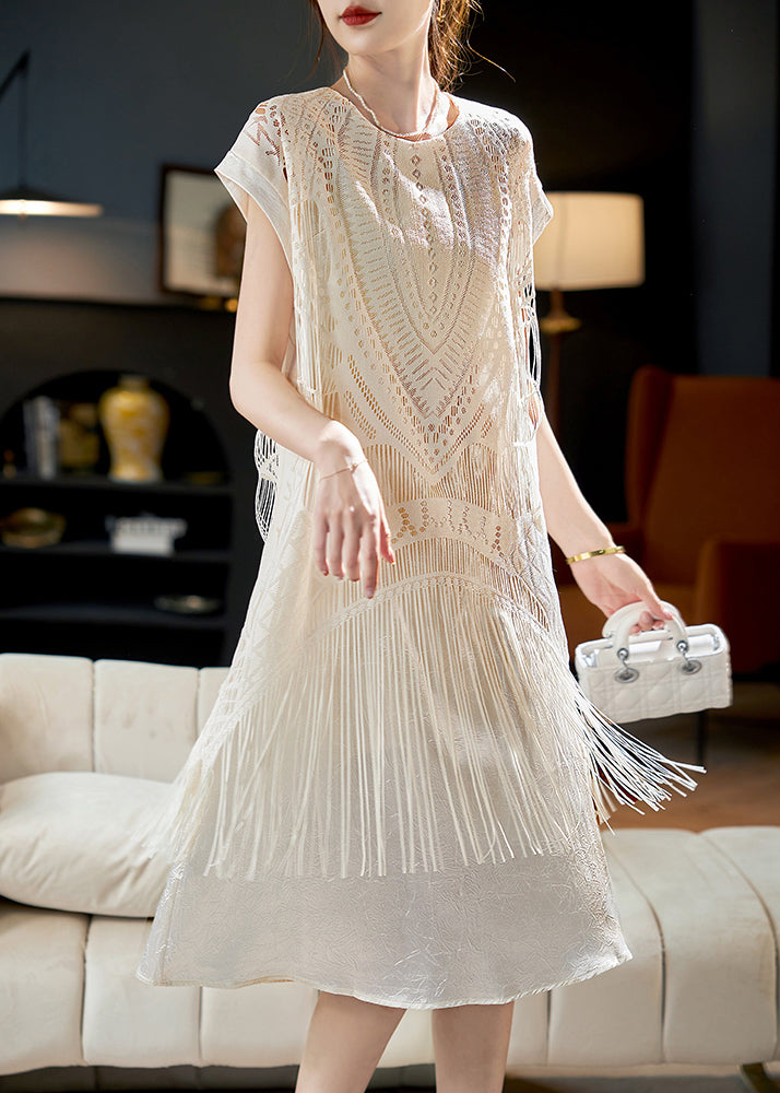 Chic Beige Tasseled False Two Pieces Patchwork Chiffon Dress Summer