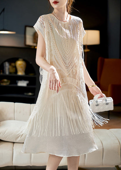 Chic Beige Tasseled False Two Pieces Patchwork Chiffon Dress Summer