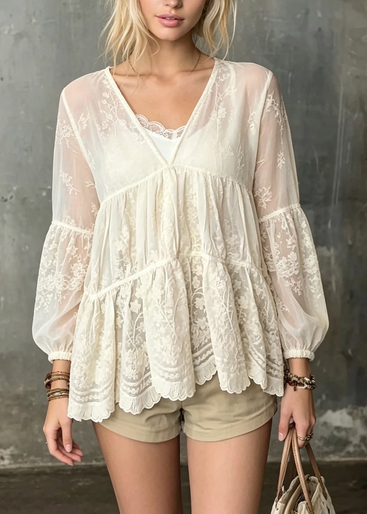 Chic Beige V Neck Embroidered Patchwork Lace Shirt Fall