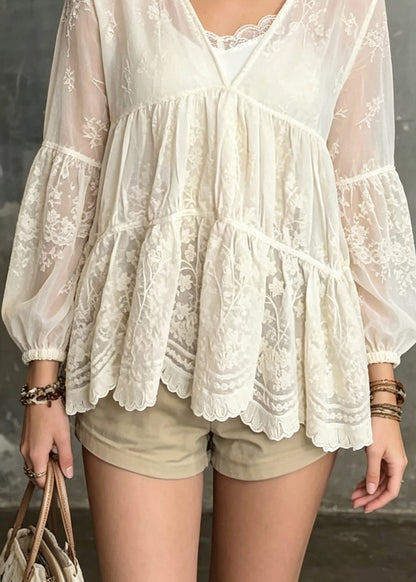 Chic Beige V Neck Embroidered Patchwork Lace Shirt Fall