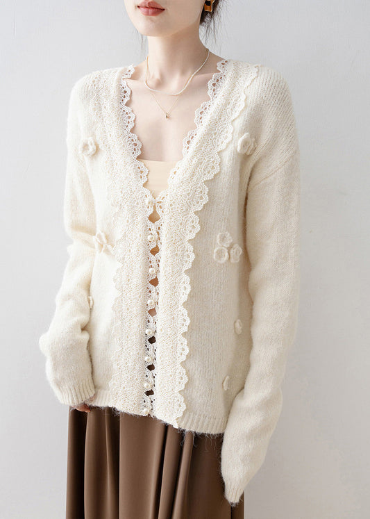 Chic Beige V Neck Lace Button Knit Cardigan Spring