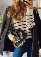 Chic Beige Zip Up Striped Knit Short Sweater Fall