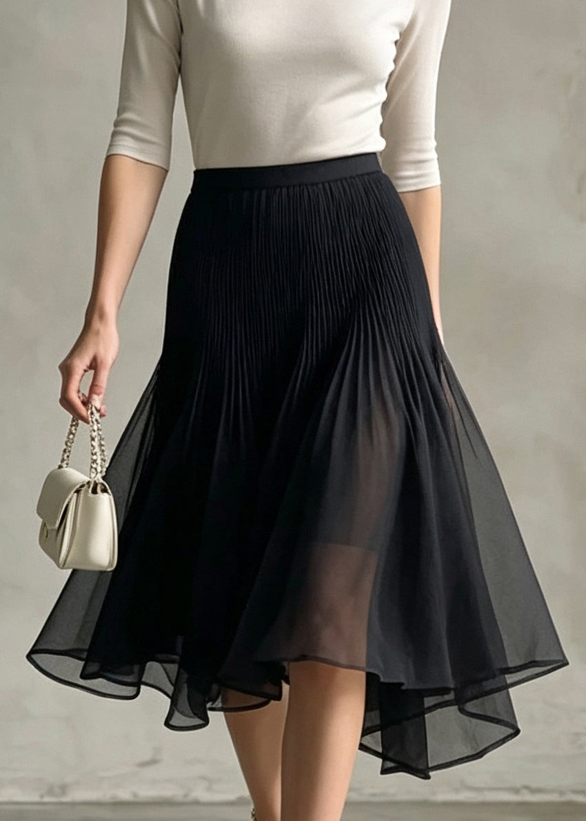 Chic Black Asymmetrical Patchwork Tulle Skirt Fall