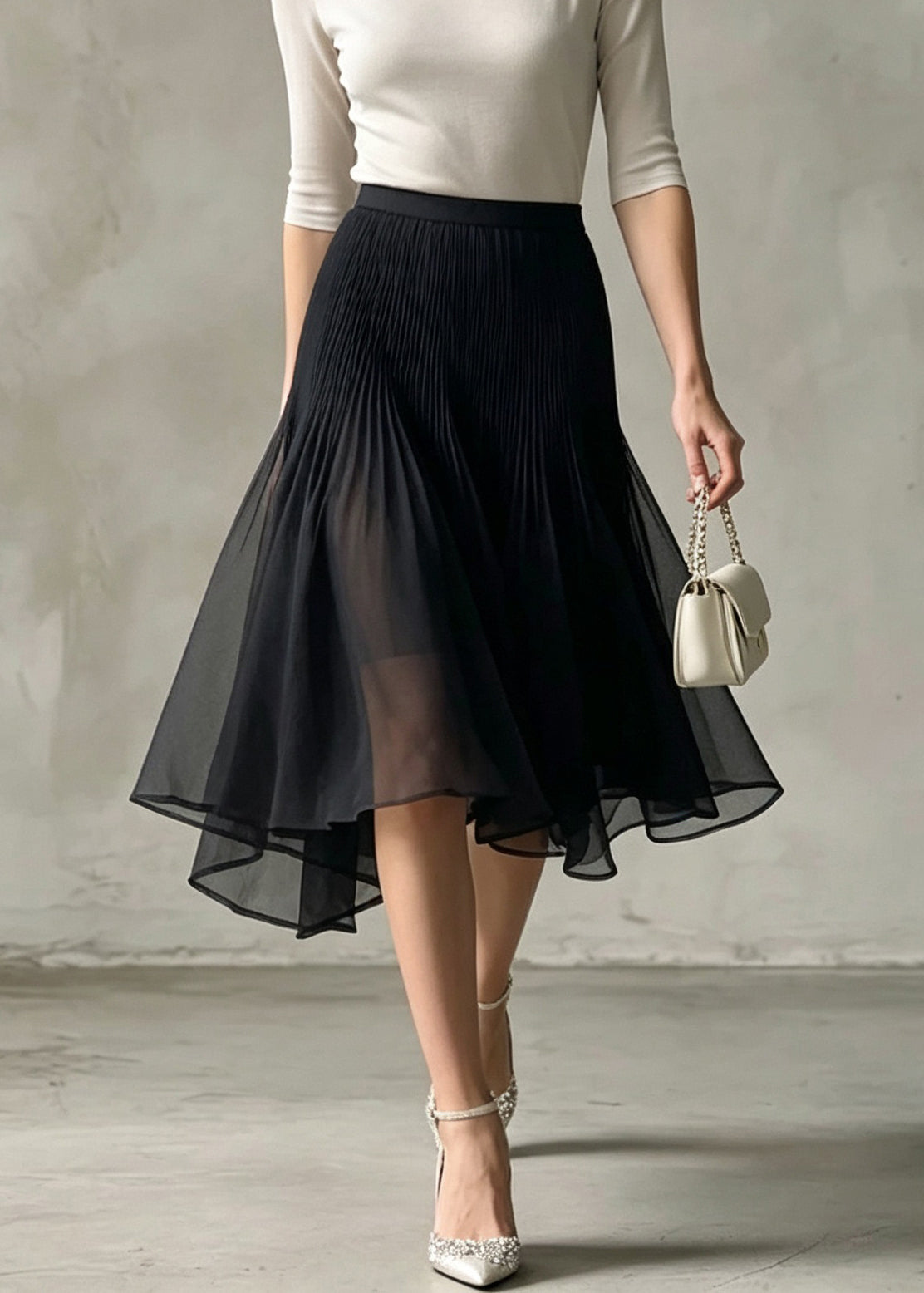 Chic Black Asymmetrical Patchwork Tulle Skirt Fall